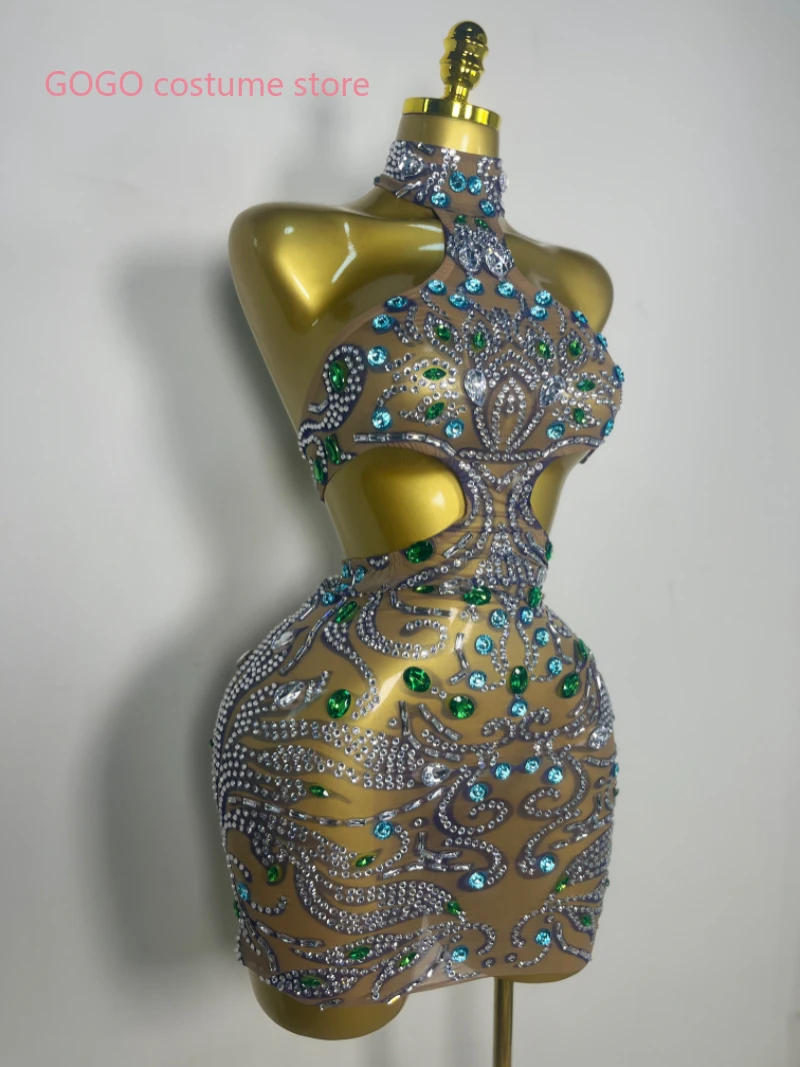 New Women Sexy Print Mesh Sheer Crystal Rhinestones Stage Costume Stage Dancer  Celebrity Night Club Mini Party Dress