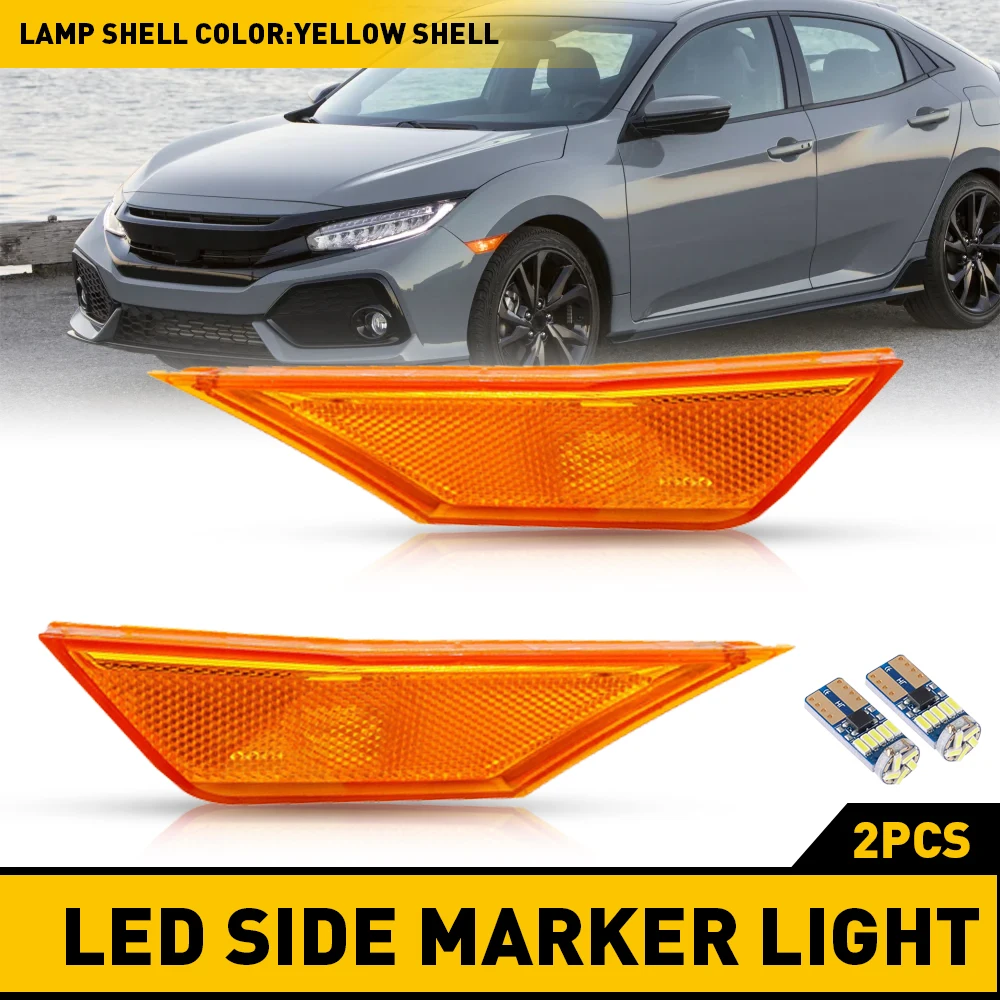 

2PCS For 2016-2021 HONDA CIVIC Sedan Hatchback Coupe Front Fender Side Marker Light Set RH LH White With LED Bulbs