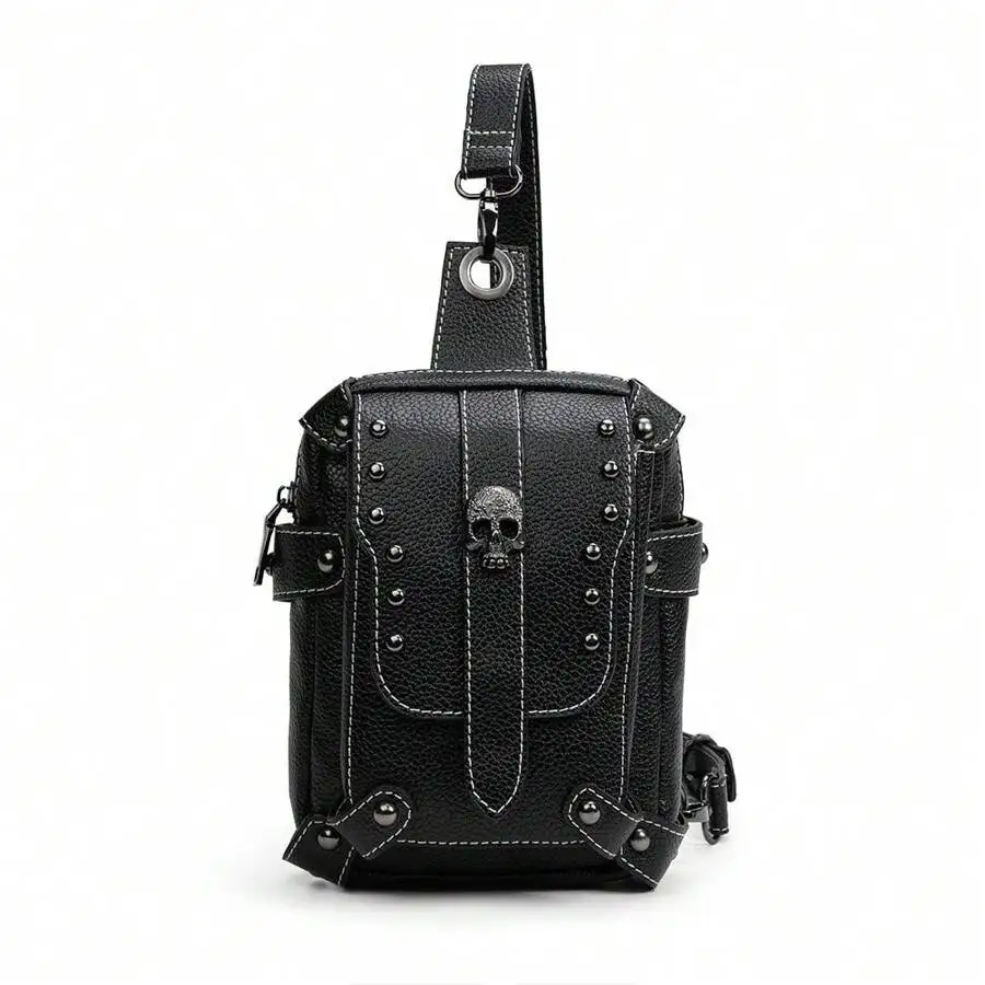 Unisex Retro Steampunk Biker Chest Crossbody Bag, Skull Logo Decor Versatile Shoulder Armpit Purse, Portable Cell Phone Wallet for Men & Women