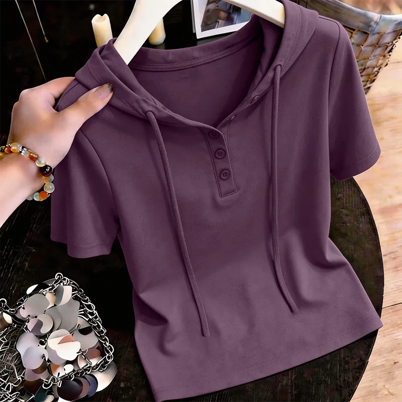 Women's Oversize Cotton T-Shirt 2026 New Short Sleeve Button Placket Drawstring Hoodie T-Shirt Casual Slim Summer Pullover Tops