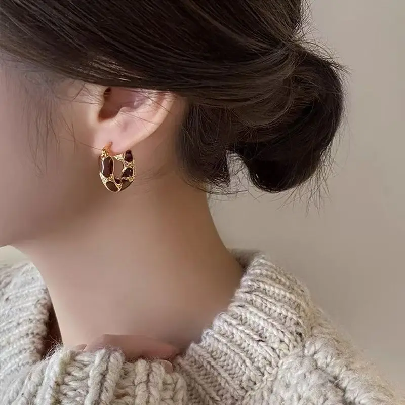 FTCY Vintage Hoop Earring for Women Melard Tiger Eye Stone Brown Round Earrings for Women Leopard Print Female Jewelry