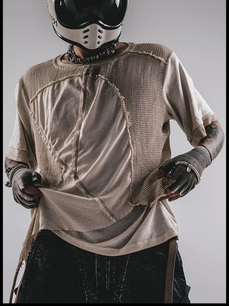

Summer Retro Wasteland Style Double-Layer Dirty Mesh Cotton Stitching Loose Half Sleeve Short Shirt Men