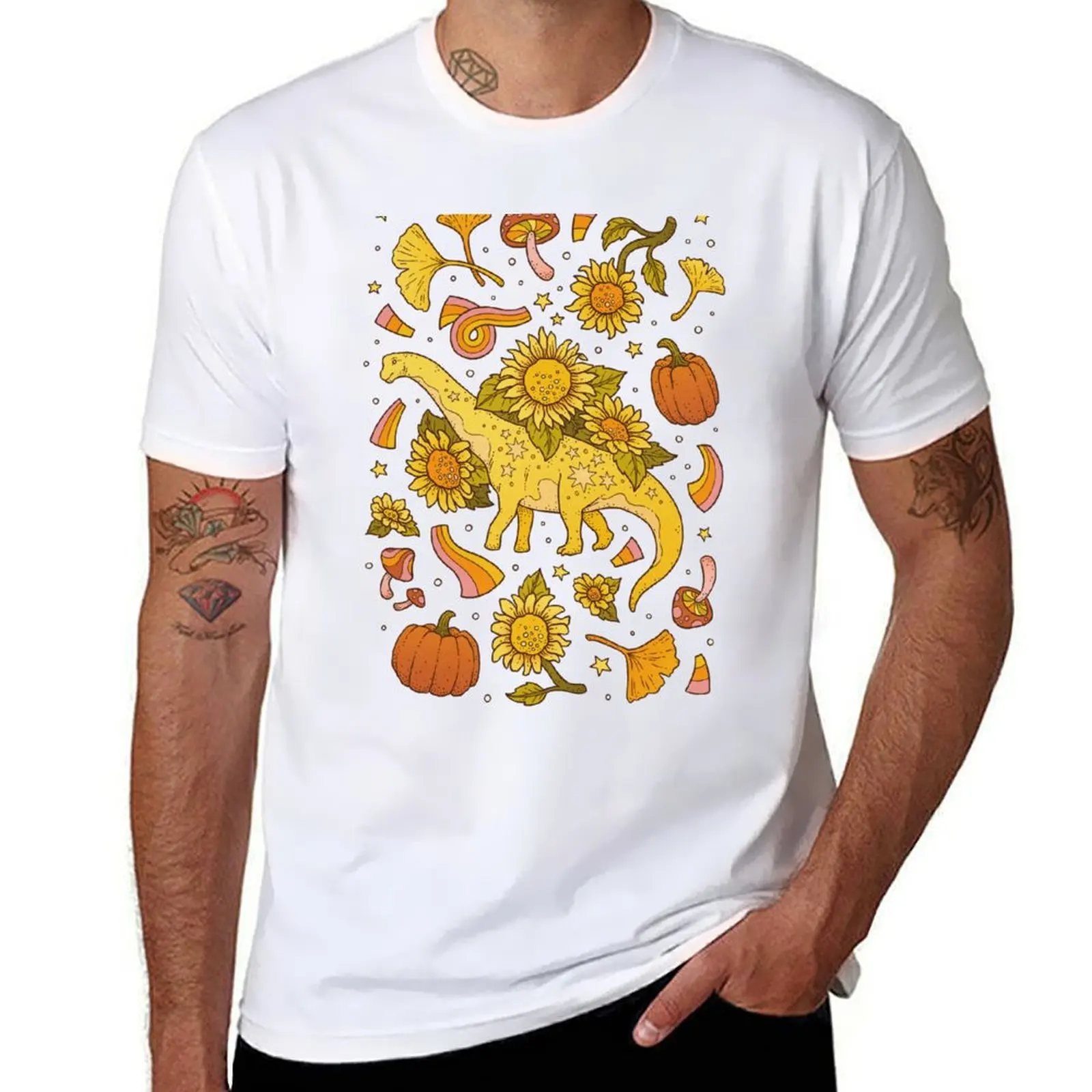 

Autumn Camarasaurus Fall Dinosaur Sunflower Art Fun Science Illustration T-Shirt funny t shirts cotton T-Shirt