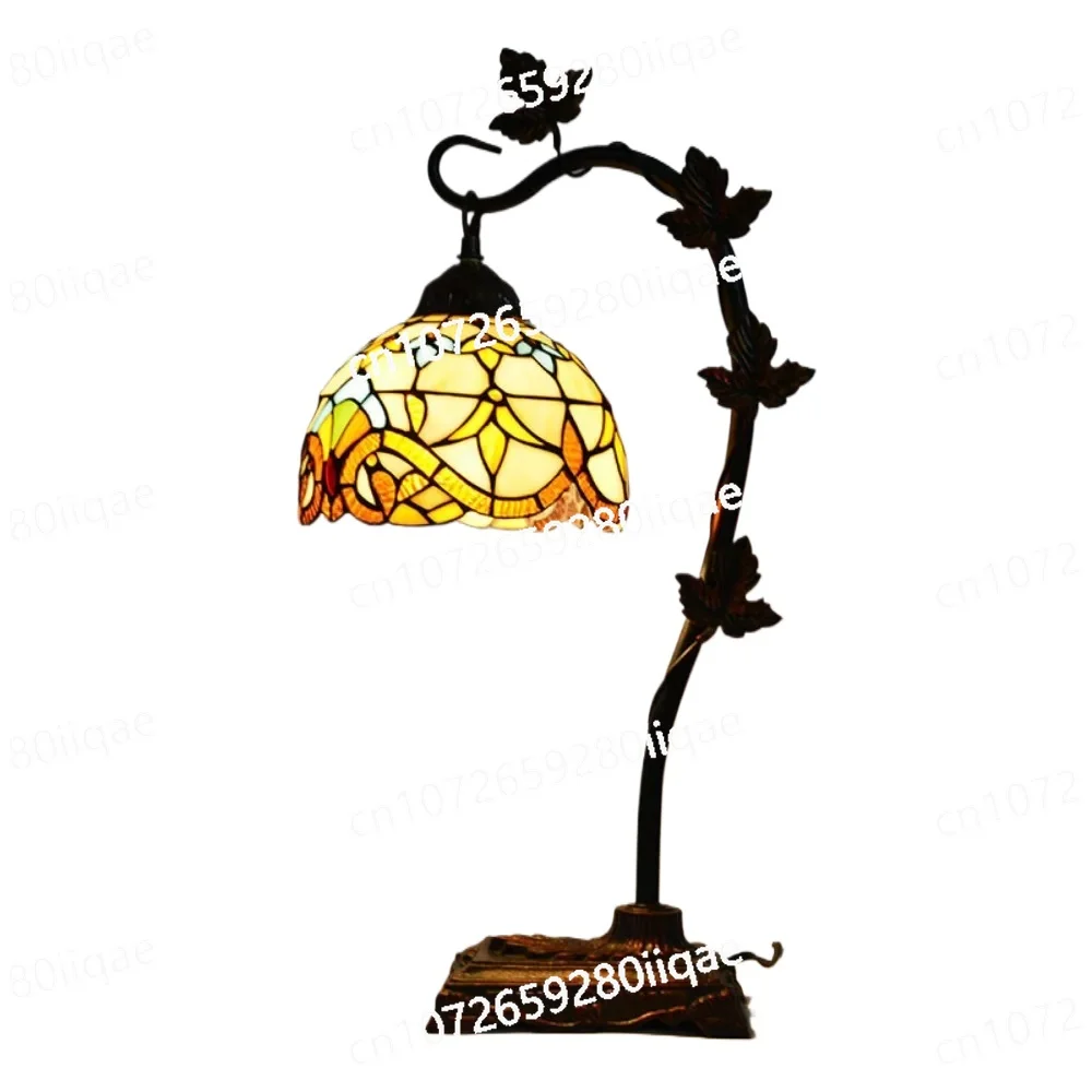 8Inch 20cm Handcrafted Coffee Home Decor Table Lamp Tiffany-Style Stained Glass Flower Lampshade Desk Light with Resin Base