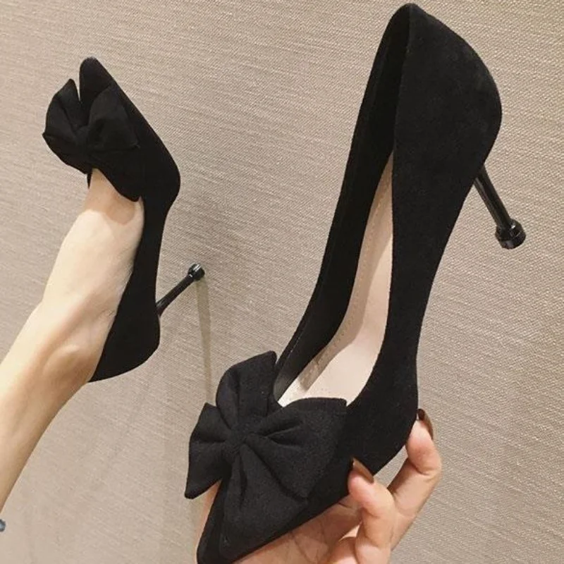 Buty dla kobiet 2024 Super High Heel Ladies Summer Footwear Black Office Stilito Pointed Toe with Bow Genuine Mark Slip on Shoe