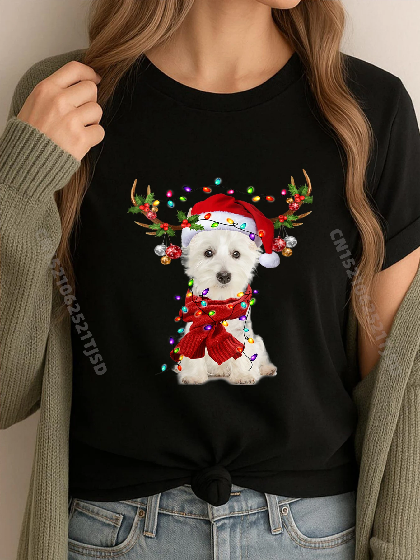 レディース サンタ ウェスティ犬 トナカイ クリスマス ライト オーバーサイズ Tシャツ 女性 快適なヴィンテージ Tシャツ クリスマス