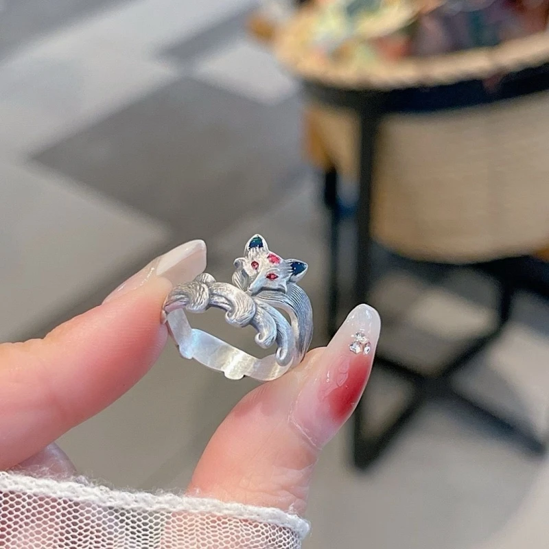 Buyee 925 Sterling Silver Female Ring Elegant Fox Animal Open Ring Finger for Women Fashion Big Fine Jewelry Circle Gift