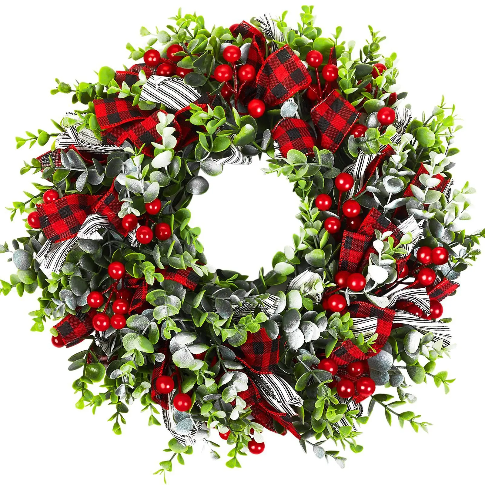 16 Inch Christmas Wreath Artificial Eucalyptus Leaves Wreath with Red Berries Red Black Plaid Ribbon for Home Party Front Door