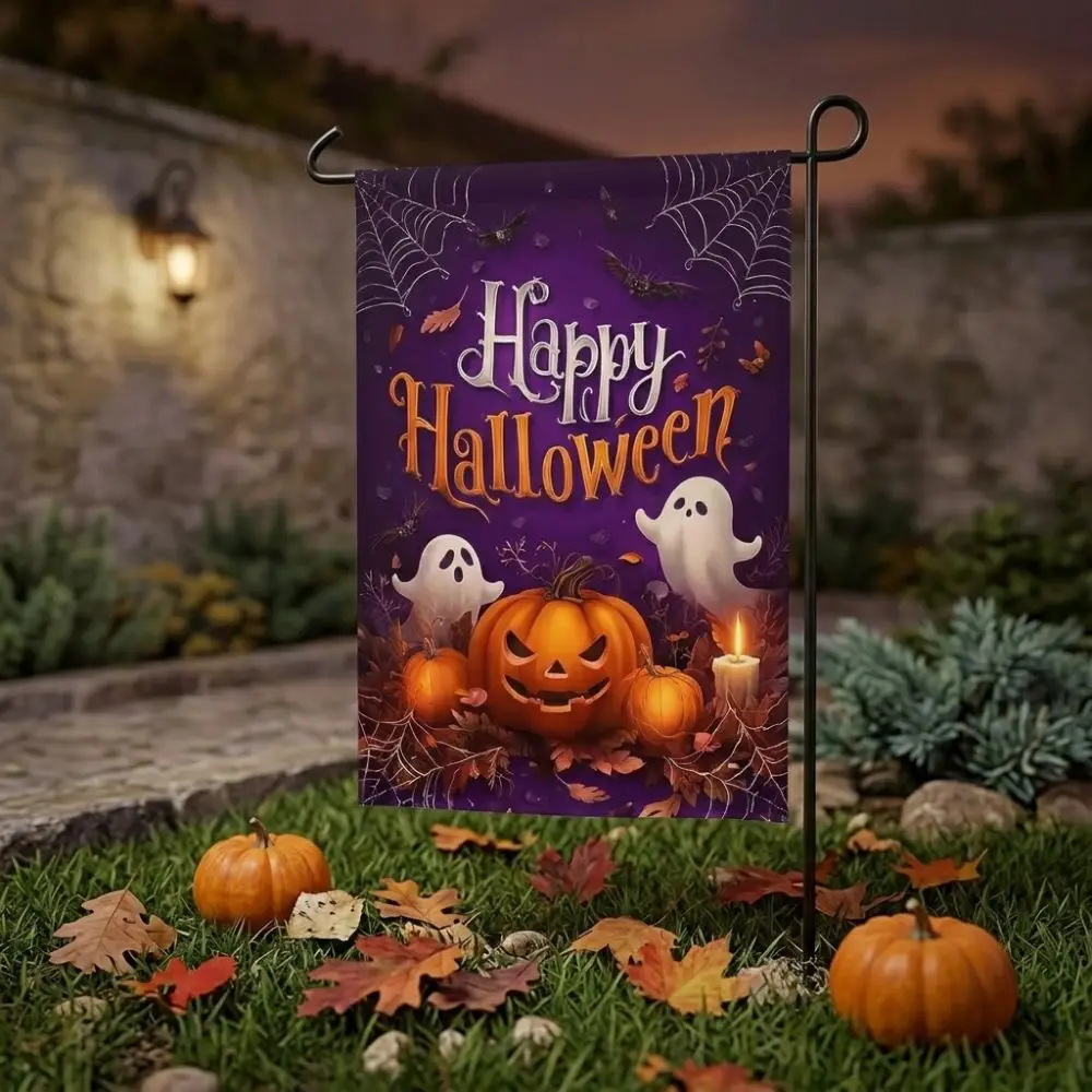2D Flat Print Halloween Garden Flag Spooky Single Sided Witch Ghost Yard Flag Haunted House Polyester Holiday Garden Flag