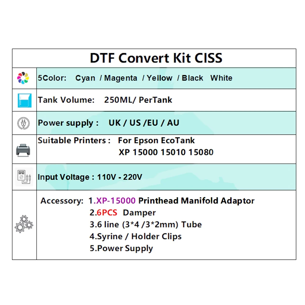 XP15000 DTF Convert Kit Ink System for Epson XP-15000 White Ink Tank With Printhead Manifold Adaptor Ink Damper XP 15000 CISS