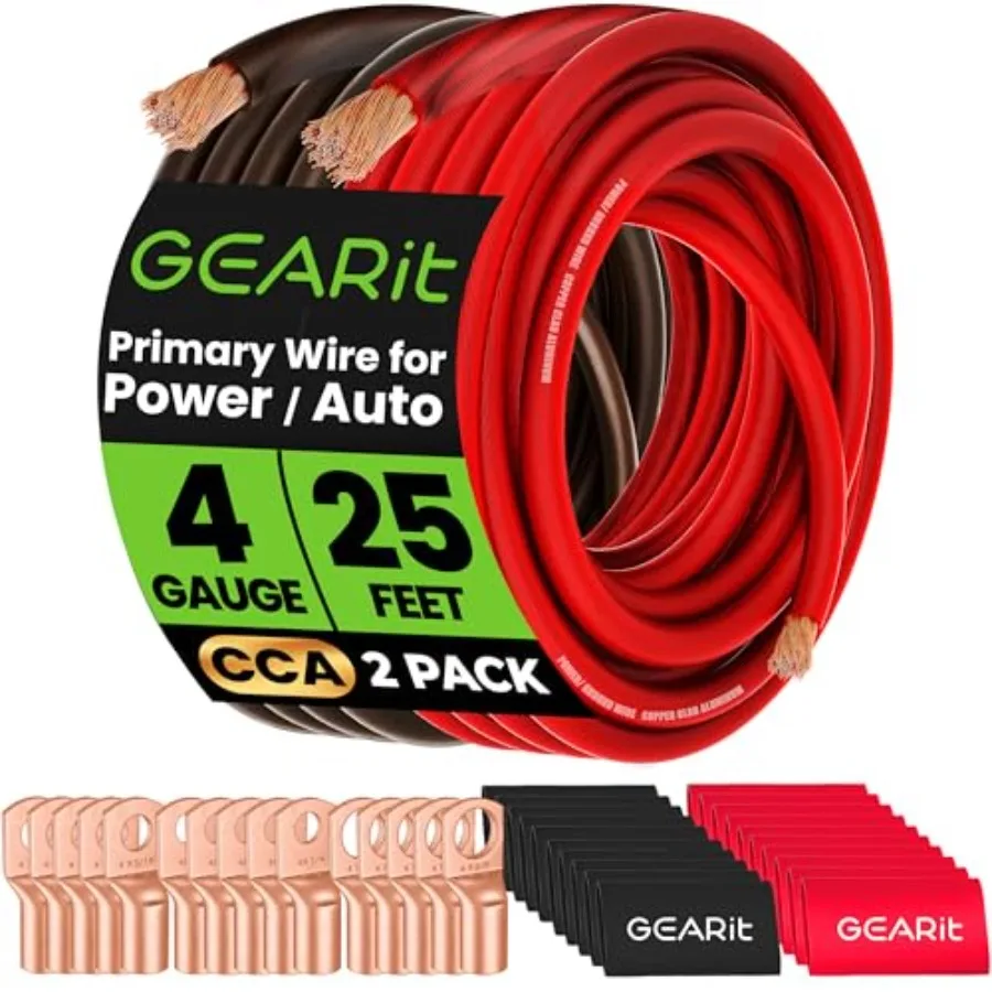 

Комплект проводки для автомобильного аккумулятора 4 AWG, CCA, 25 футов каждый, черный/красный, 3-в-1, с заземляющим кабелем, 15 клемм, 20 термоусадочных трубок для автомобилей