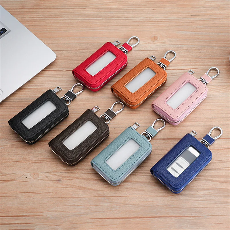 Visual Mirror Window Car Key Protector Bag Leather Key Holder Mini Auto Key Pocket Case Retro Keyring Wallet Zipper Bag