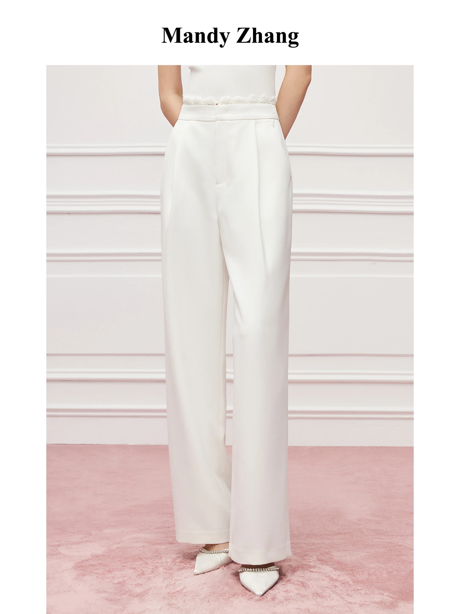 

Брюки женские MandyZhang с высокой талией, прямые, повседневные, белые, с кружевными вставками, для офиса, с отворотами, весенние, для работы