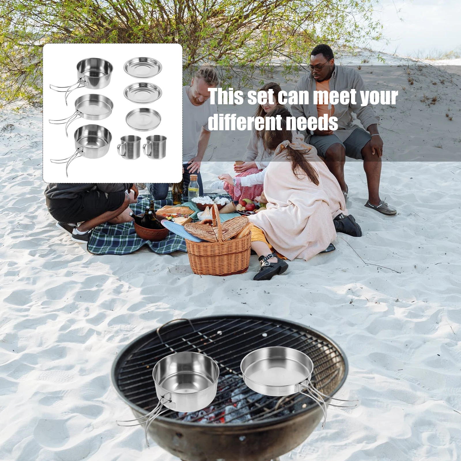 

1 set 1 Set Outdoor Camping Cookware Set Foldable Pots Durable Anti-Rust Cooking Utensils For Hiking Picnic Bbq Travel