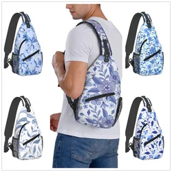 Sac de poitrine à motif floral bleu pour hommes et femmes, sac à bandoulière oblique, carillon à la mode, initié au sport et aux loisirs