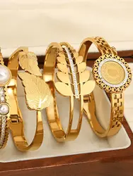 ALLYES Trendy Chic 18K Gold Color Stainless Steel Bangles Bracelets for Women Heart Coin Zircon Leaf Geometric Fashion Jewelry