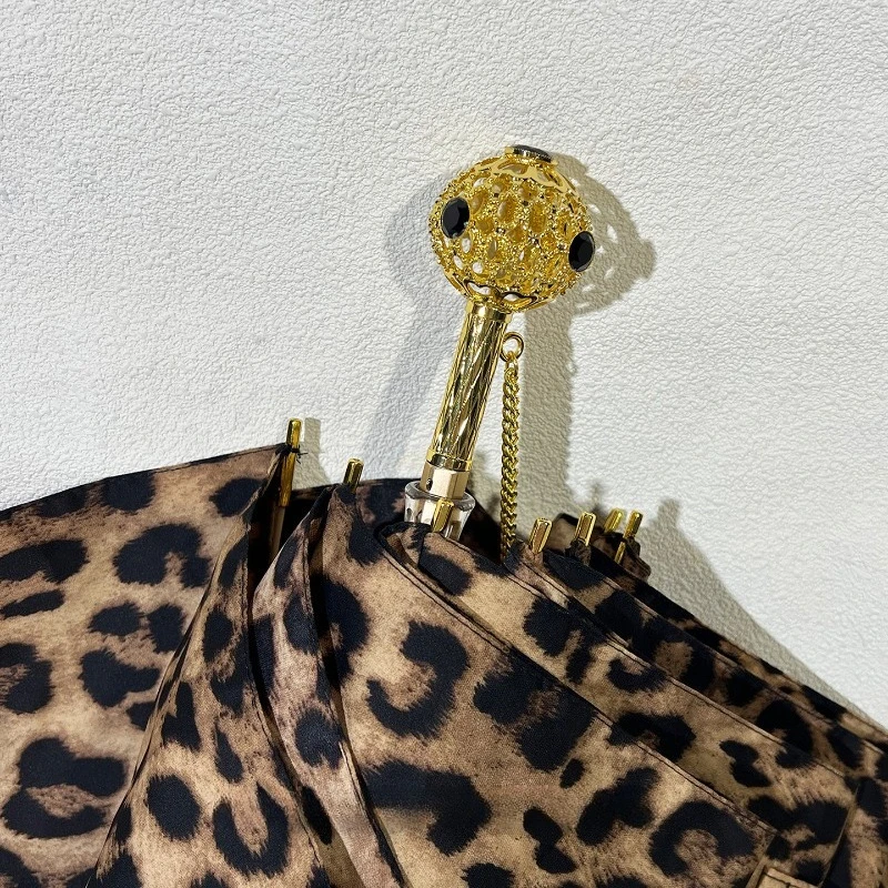 Luxury Leopard Print Folding Umbrellas for Women 3 Fold Manual Rain Parasol High End Compact Travel Umbrella Elegant Sun Shade