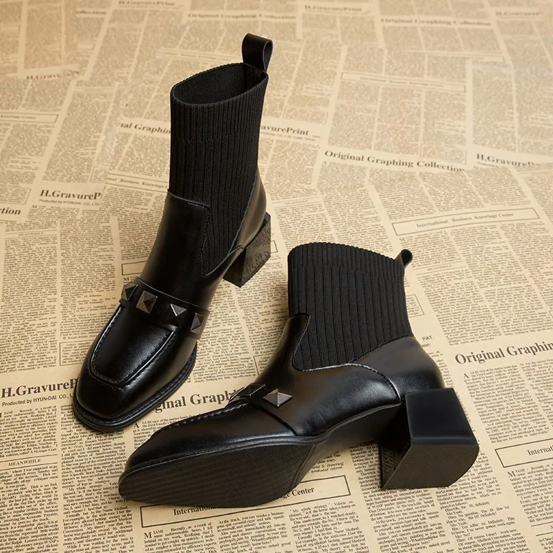 Women Elastic Sock Boots Boots Female Autumn Winter 2024 New Square Toe Short Boots Slip-On Fashion Ankle Boots Botas De Mujer