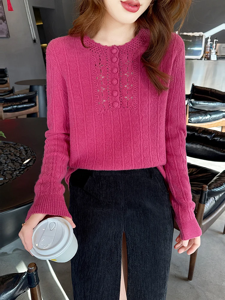 

Elegant Solid Color Merino Wool Sweater O-Neck Long Sleeve Pullover Knitted Fashion Casual Lady Coat for Women