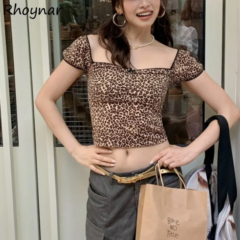 Leopard Cropped T-shirts Women Summer Square Collar Retro Slim Sweet Spicy All-match Casual Attractive High Street Ulzzang Chic