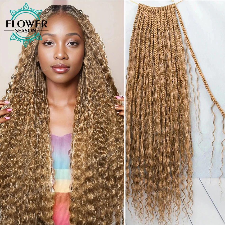 27# Honey Blonde Crochet Boho Box Braids With Human Hair Curls Pre Looped Crochet Braids Hair with Deep Wave Human Hair