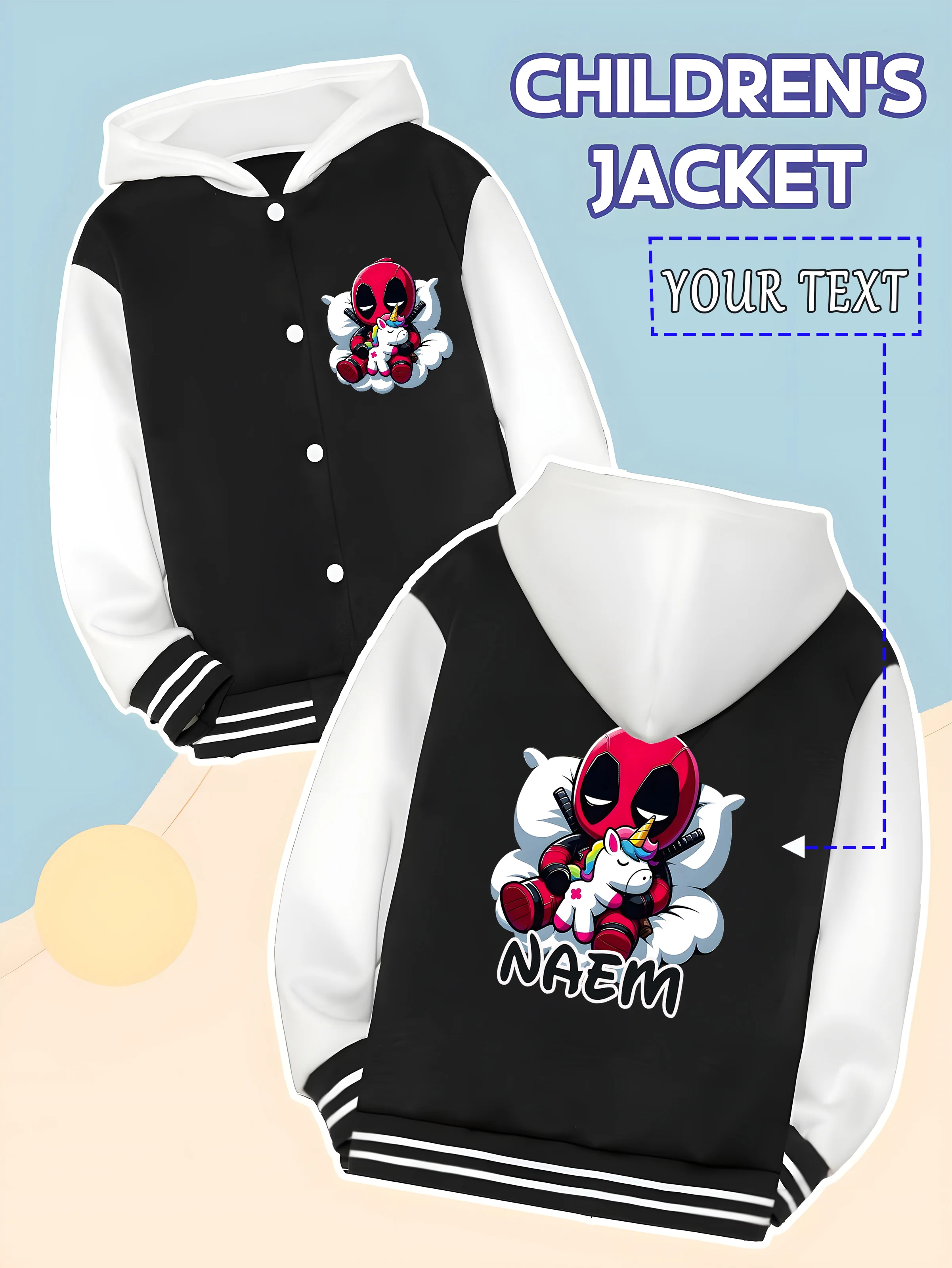 

MINISO Marvel Boys Baseball Jacket - Deadpool Holding Unicorn Cute Print, Soft and Skin-friendly and Easy to Care, Super Sweet f