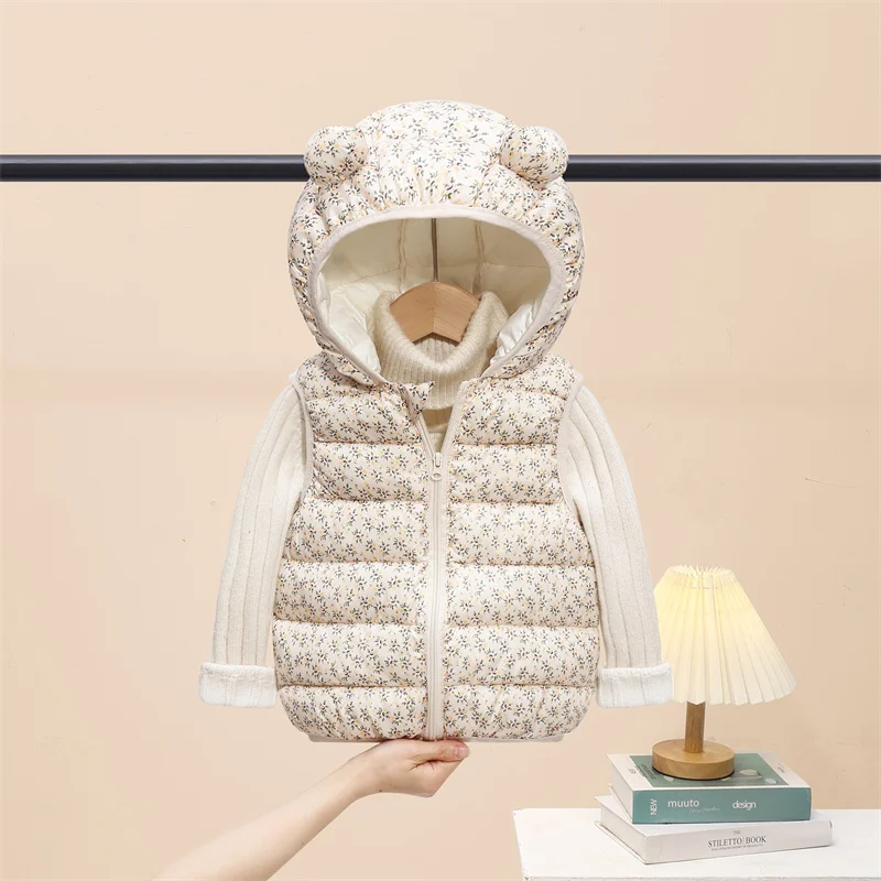 الفتيان الفتيات أسفل سترة 2025 جديد الاطفال شتاء دافئ مطبوعة صدرية آذان الطفل مقنعين ملابس خارجية الأطفال الخريف ملابس كاجوال 1-5Y