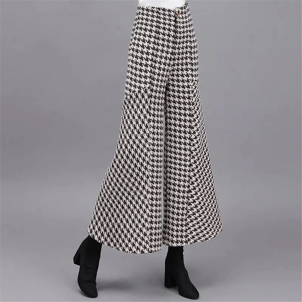 

Autumn Winter Houndstooth Woolen Mermaid Flared Pants Women High Waist Thicken Wide Leg Trousers Office Ladies Korean Fashion