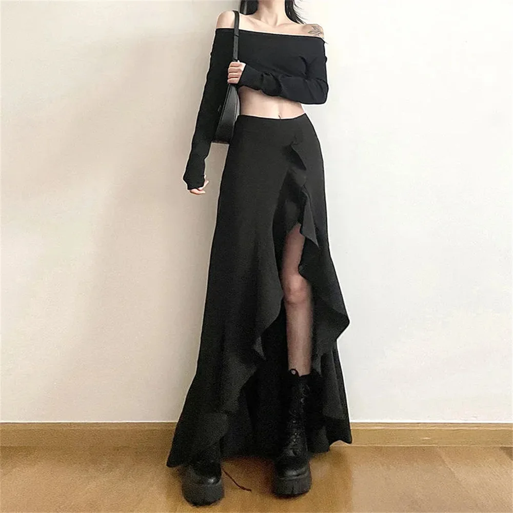 

French Fashion Irregular Ruffles Elegant Long Skirt Female Summer Irregular Split High Waist Joker Thin Black Casual Big Skirt