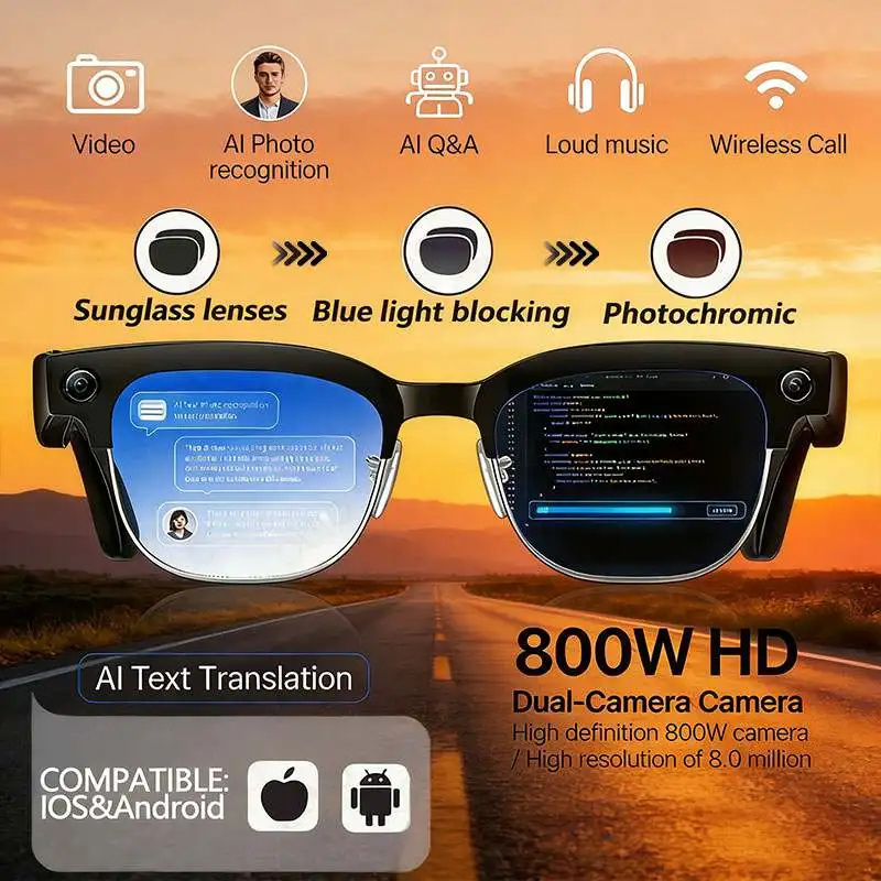 

Новые умные очки с ИИ 2026 года: 4K 8MP HD-камера, видео 1080P, перевод на 100+ языков, Wi-Fi, Bluetooth-вызовы, музыка. Для мужчин и женщин.