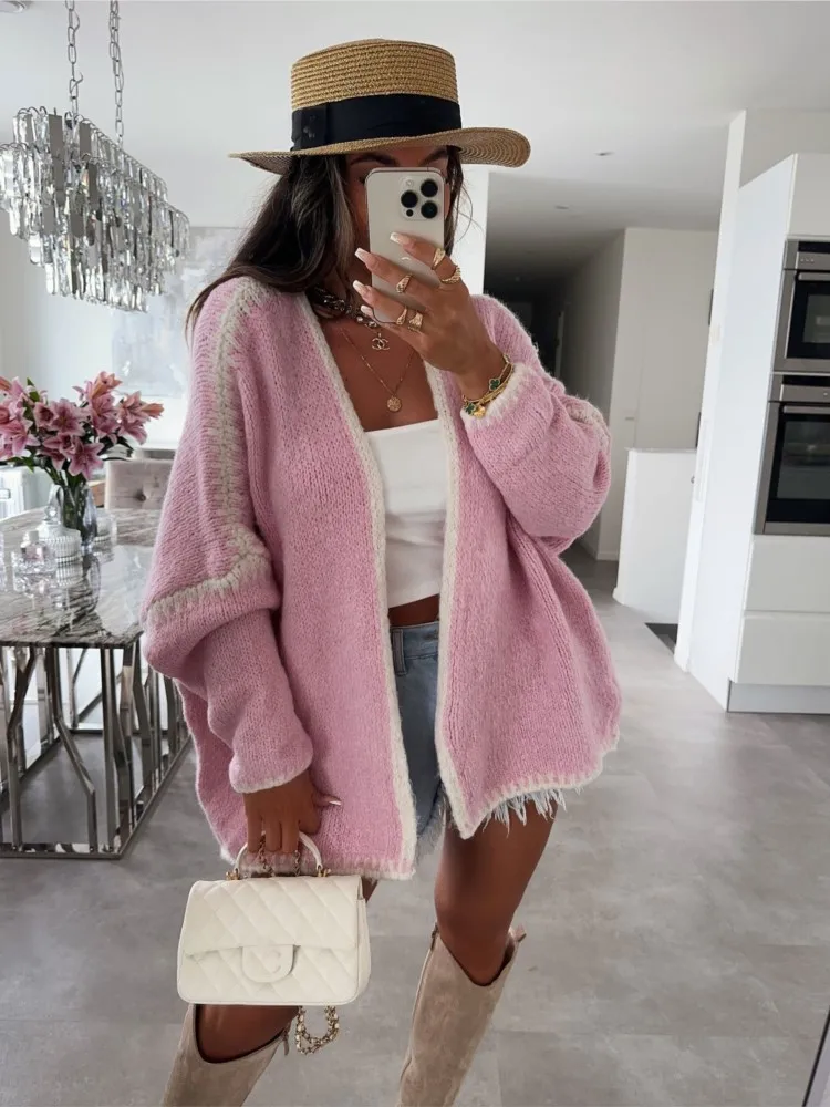 

New Fashion Patchwork Solid Knitted Sweaters Cardigan Coat Women Autumn Winter Loose Long Sleeve Coats Female Trendy Streetwear
