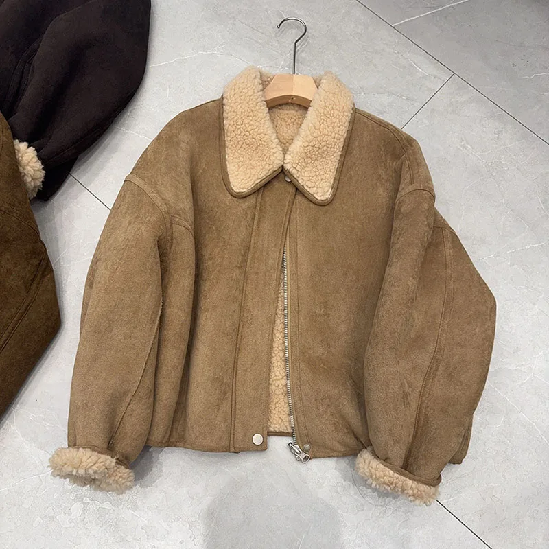 Chaqueta de piel de estilo coreano para mujer, abrigo corto informal holgado y cálido de gamuza de lana de cordero para invierno, abrigo Echtpelz de ambos lados