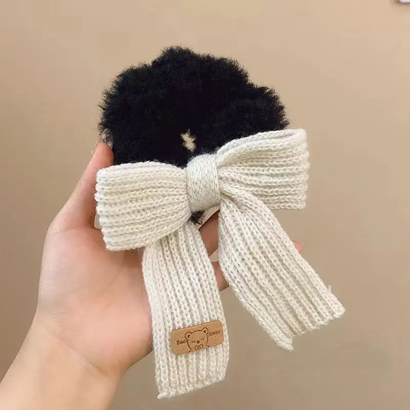 1pc Knitted Lamb Wool Bow Hair Rings - Solid Boho Chic Hair Ties for Girls Cozy Hair Accessories Set with Bow Clips image 6