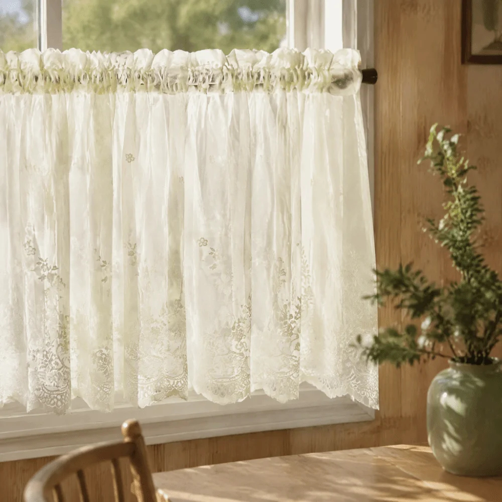 51.18 * 16.14in Lace Curtain Rod Pocket Beige Sheer Curtain Floral Embroidery Style Linen Lace Border Lace Valance For Kitchen