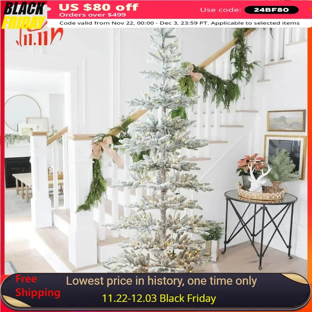 9ft  Artificial Christmas Tree,Deluxe Pre-Lit Flocked Pine with 650 Warm White Lights, Metal Hinges & Base,Large Xmas Tree