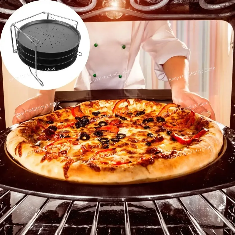 1 Set 12-Inch 4-Layer Pizza Baking Pans with Holes - Carbon Steel Pizza Tray + Baking Rack for Oven