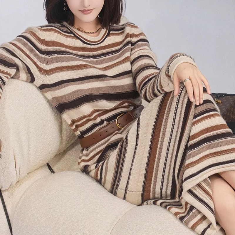 2023 Autumn and Winter New Versatile Commuting Women's Clothing Stripe Printed Round Neck Long Sleeve High Waist A-line Dress