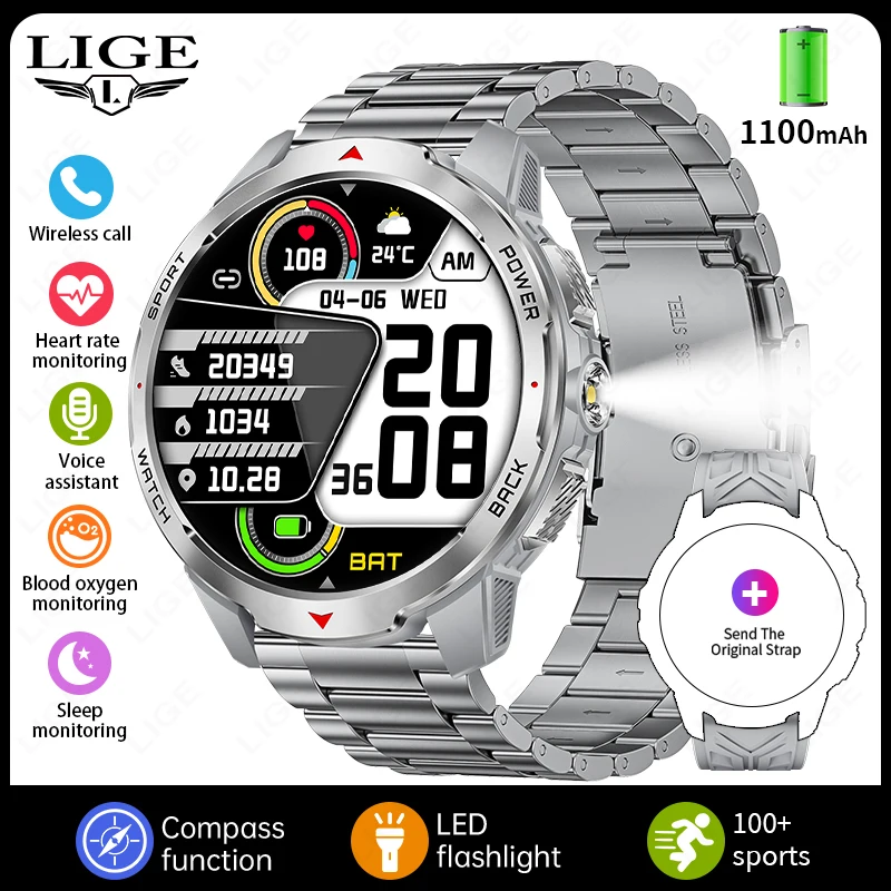 LIGE New 1100mAh Battery Smart Watches For Man Outdoor Sport LED Flashlight Compass Men’s Smartwatch Bluetooth Call Men Watches