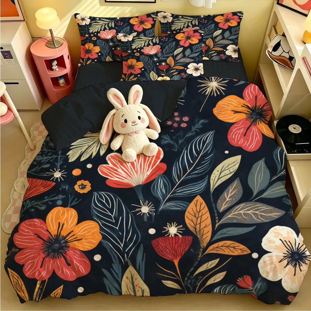 

Black Floral Duvet Cover Set Microfiber Plants Flowers Bedding Set Nature Botanical Animal Comforter Cover Single Queen Size