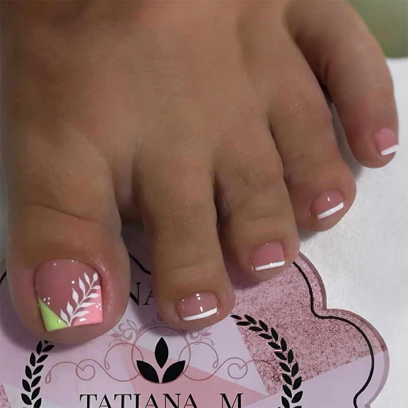 24pcs Summer Fresh Floral Toenails French Green Leaf Press-On Nail Short Square Toenails for Women&Girl Wearable Toenail