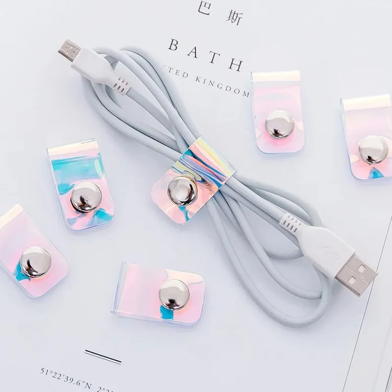 5Pcs INS Laser PVC Starp Data Cable Organizer Travel Portable USB Charging Wire Wrap Holder Anti-winding Gadget with Metal Snap