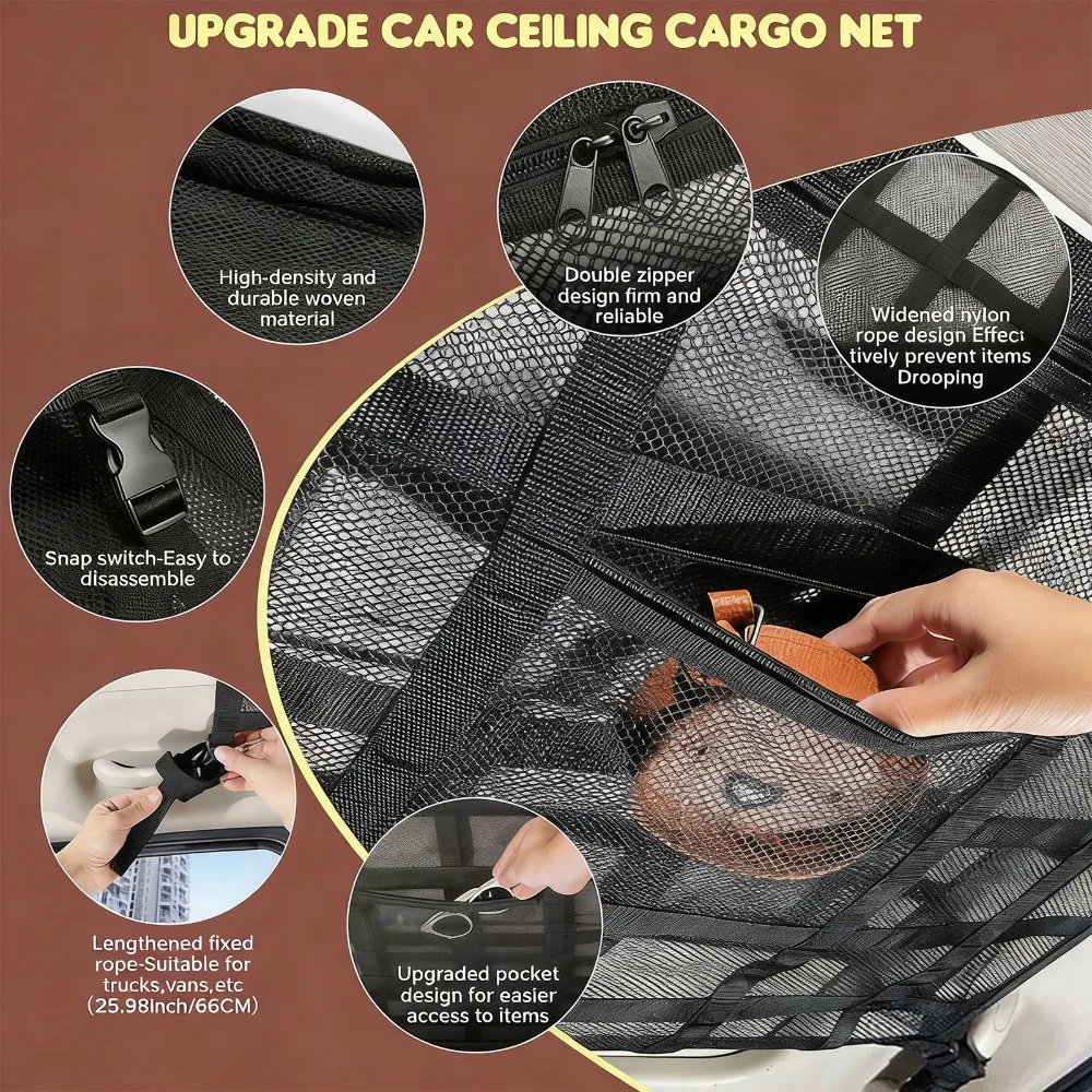 Double-Layer Mesh Car Ceiling Cargo Net Zipper Closure Easy Install Roof Storage Mesh Organizer Breathable Mesh