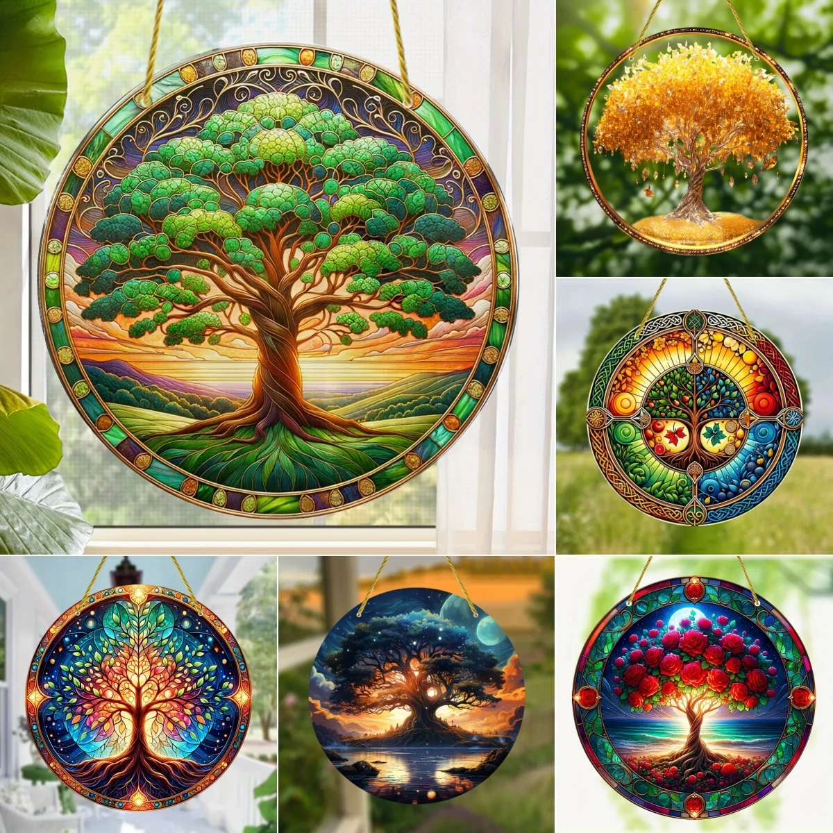 Golden Life-tree Suncatcher Stained Window Hanging,translucent Round Acrylic Sign, Season Decor for Yard, Home, Kitchen,study