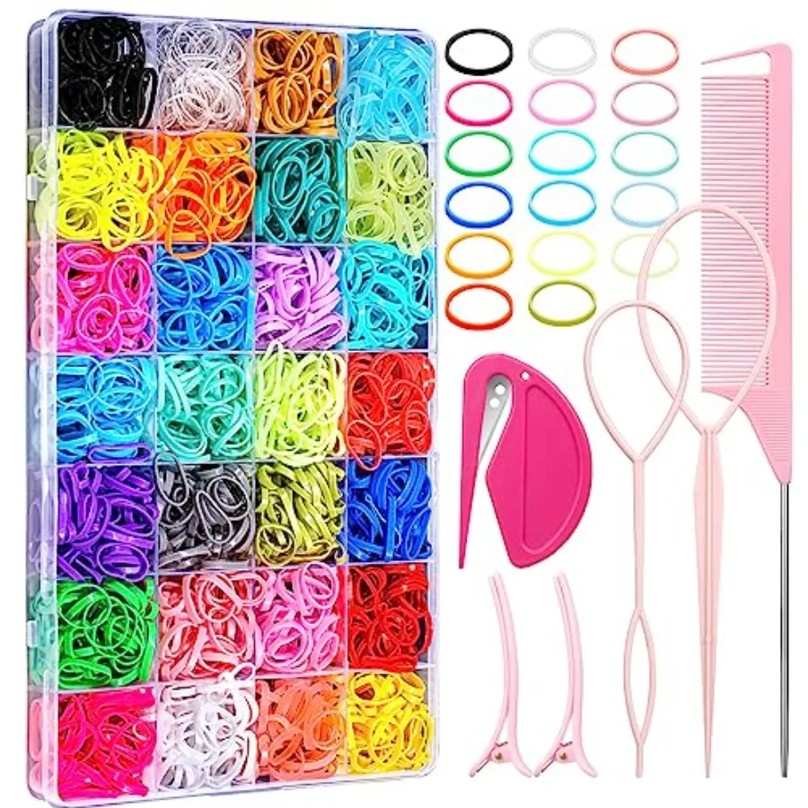 28 Colored Rubber Bands for Hair, 1500 Pcs Small Girls Elastic Ties With 6 Styling Tools - Colorful Accessories for Baby Toddle