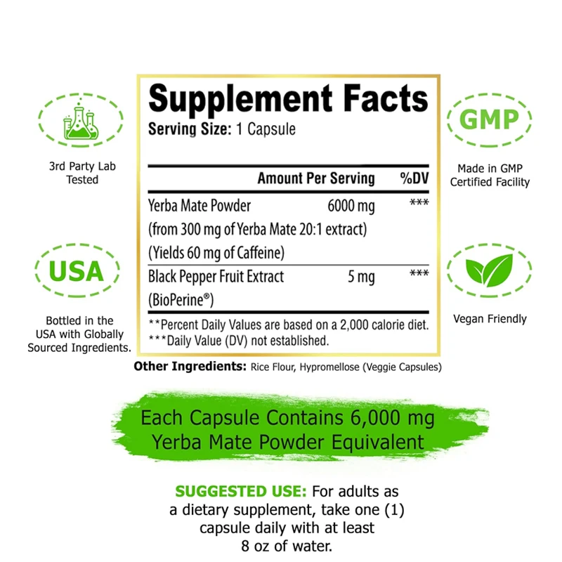 6000mg high potency caffeine supplement, used to clean natural energy, improve attention, concentration of 60 capsules