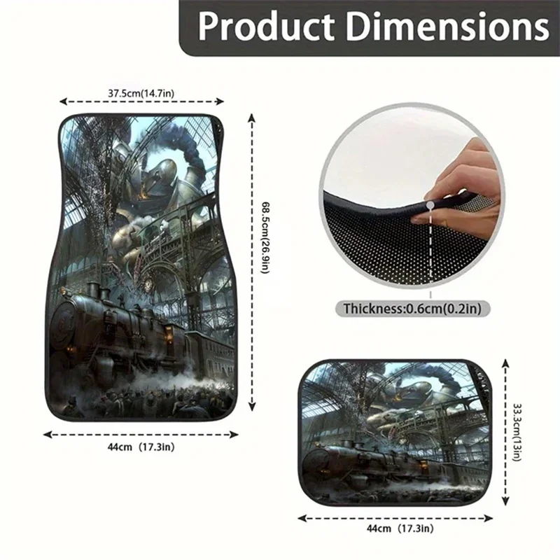 Universal Fit Polyester Car Floor Mats With Punk Style Steam Train Design, Non-Slip Water Absorbent, Washable Interior Protectio