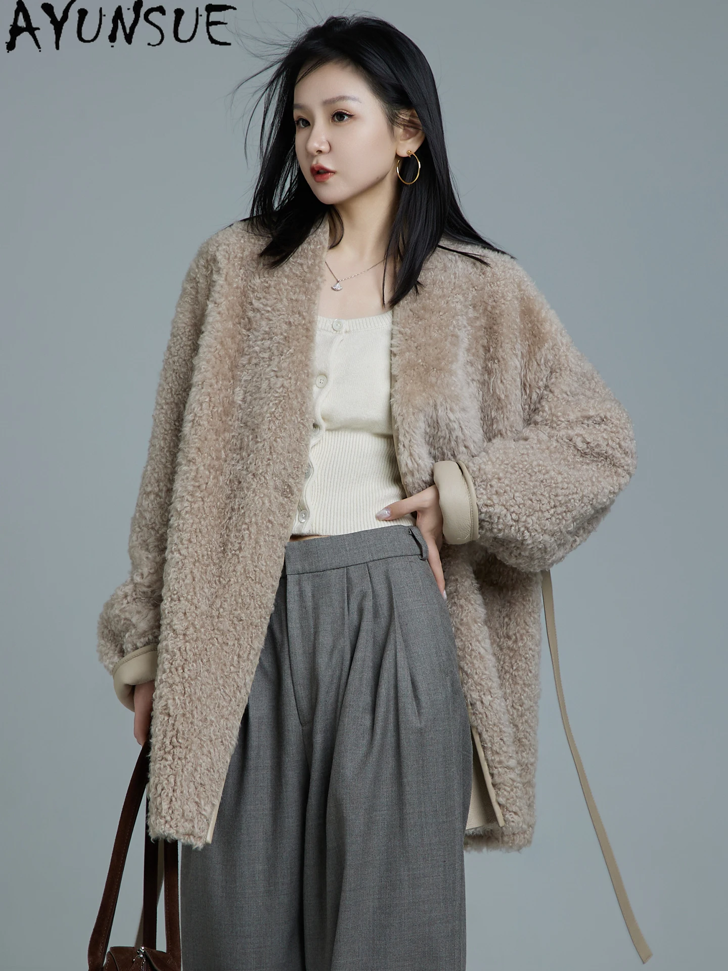 AYUNSUE 本革ジャケット女性天然シープスキンファーコート女性リアルファーコートミッドレングス冬服 2025 Шуба Женская