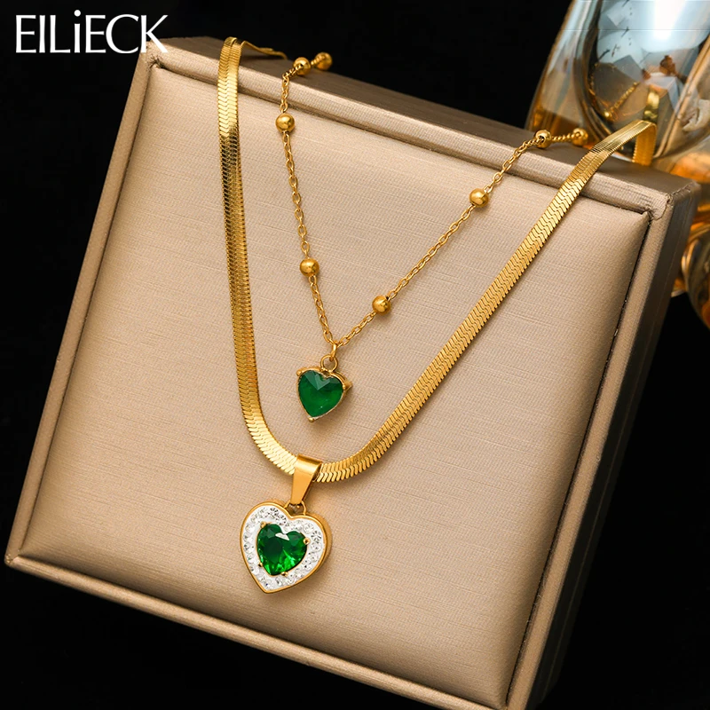 EILIECK 316L Stainless Steel Heart Green Zircon Crystal Pendant Necklace For Women New Trend Multilayer Neck Chain Jewelry Gift