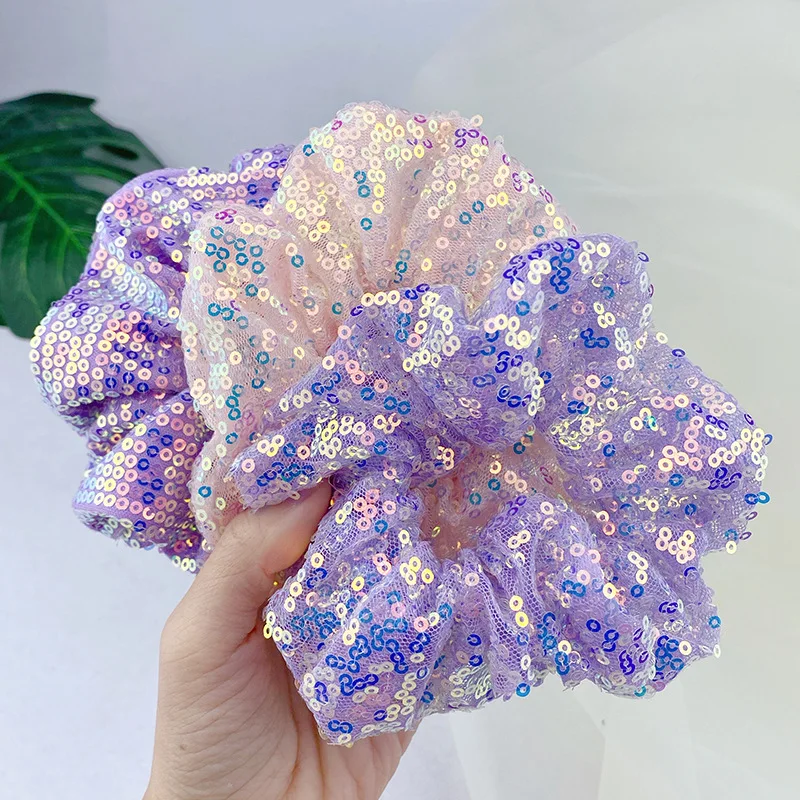 Dreamy Sequin Yarn Headband Scrunchies Purple Mermaid Princess Crystal Ball Knotted Shinning Lace Bow Hair Accessory Head Wrap