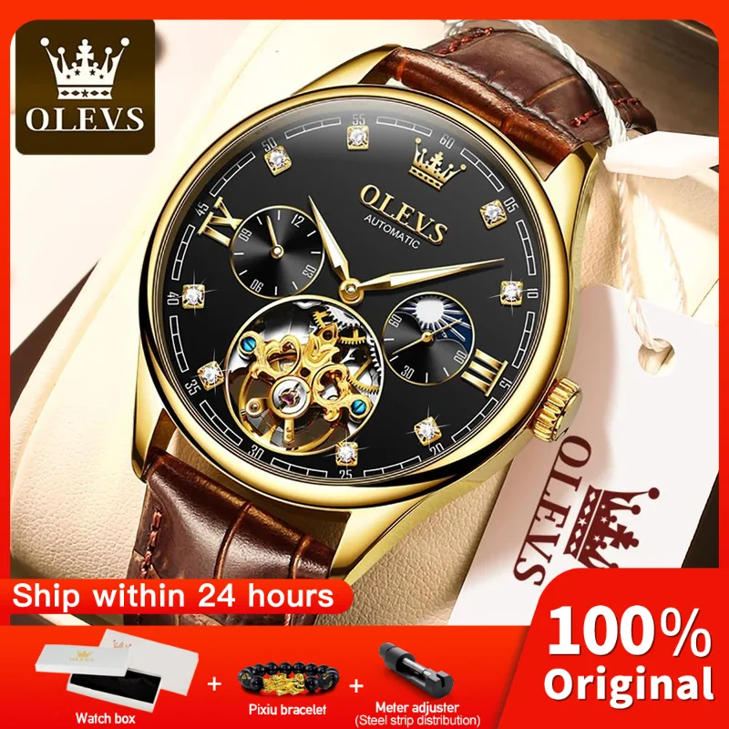 

OLEVS 3601 Mens Watch Original Business Brand Mechanical Watch Waterproof Luminous Moon Phase Leather Strap Reloj Mens Gifts